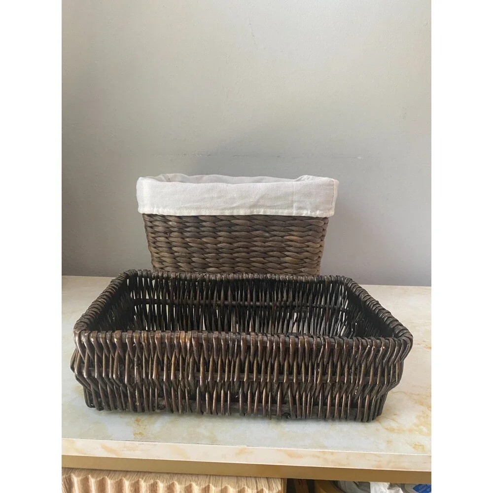 Set of 2 Vintage Cottagecore Dark Brown Wicker Basket Rattan, Linen/Cotton lined